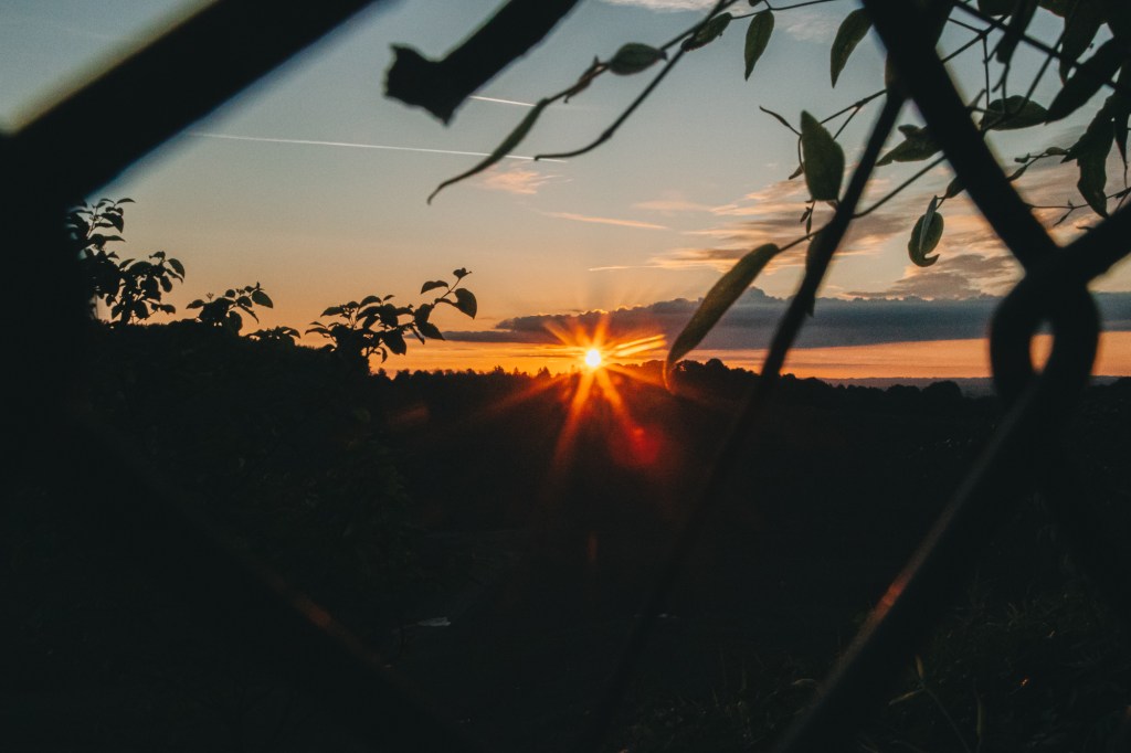 A sunset viewed through a fence, with rays of sunlight shining over a silhouetted landscape and clouds in the sky.